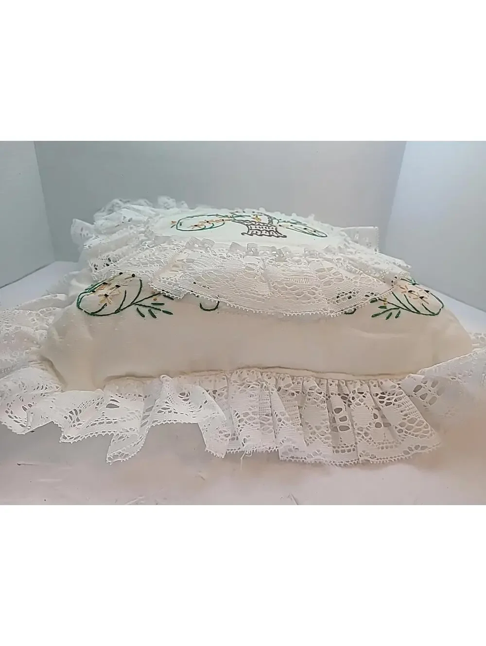 Shabby Chic Hand Stitched Embroidered Pillow With Lace Trim Cottagecore 12x12